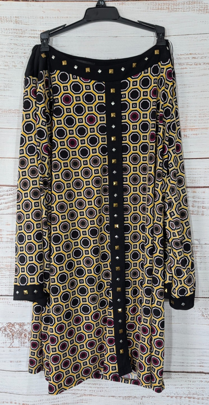 Grayson Studded Geometric Shift Dress 3X Black Gold Hexagon Print Mini Tunic Top